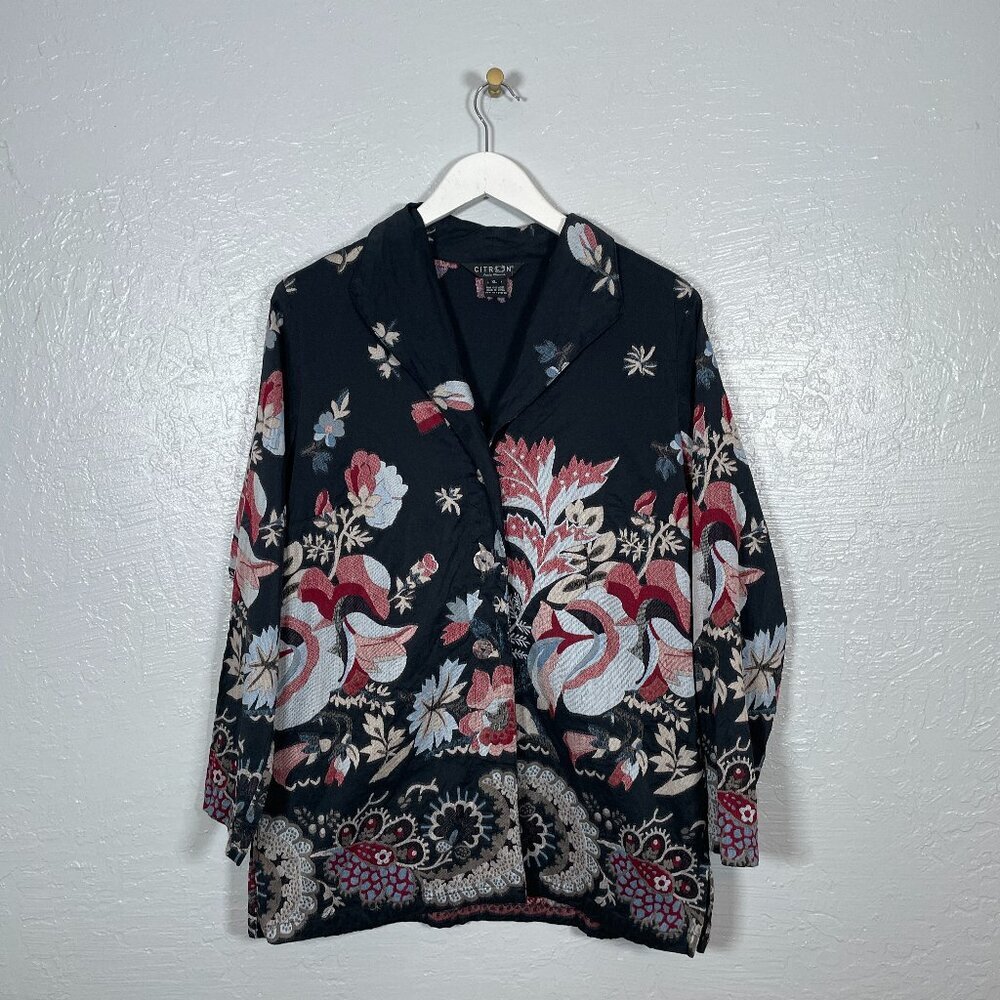 Citron Santa Monica Women XL Black Cream Pink Embroidered Floral Silk Jacket